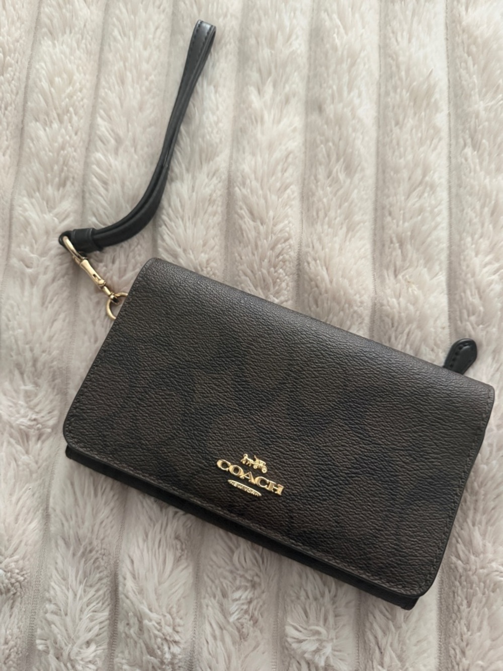 Coach Dark Brown Signature Wristlet Clutch with Gold Hardware